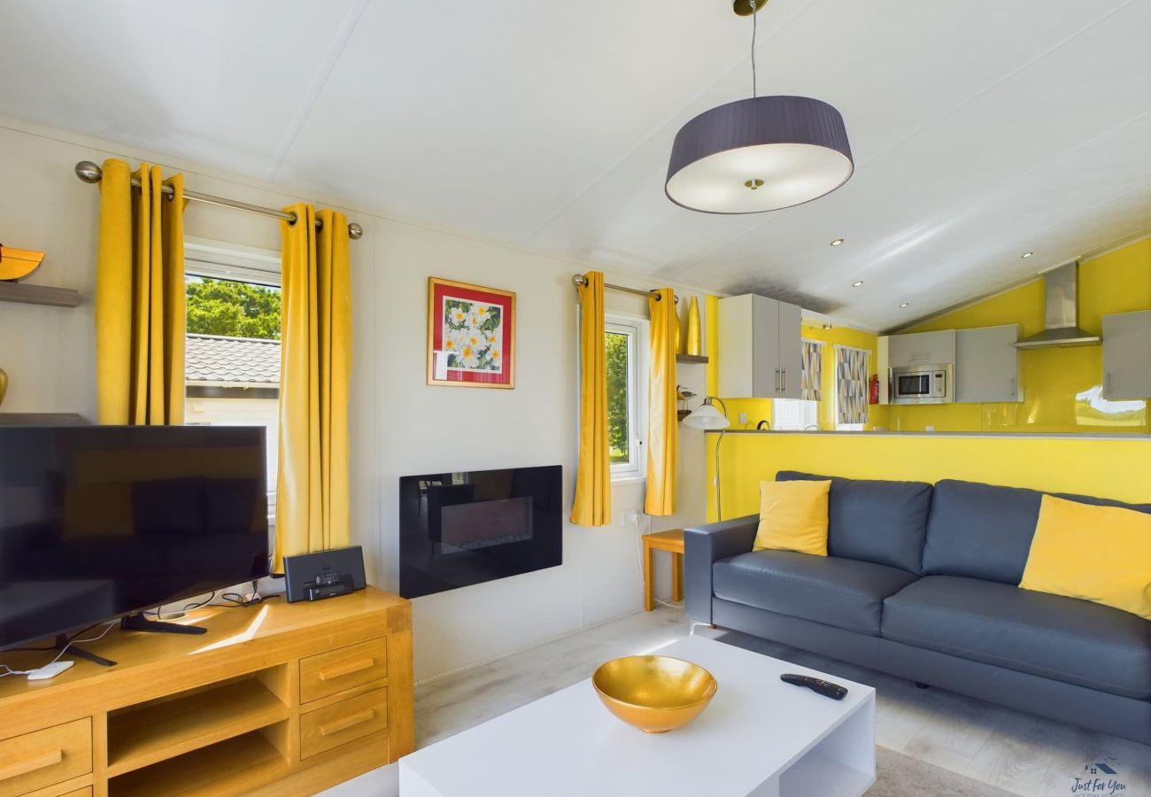 Spacious living area with smart TV and speaker at Isle of Wight Family Holiday lodge with kids activities